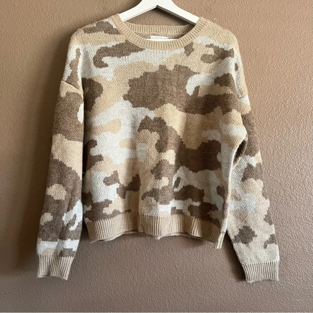 Lucky Brand Cream and Brown Camouflage Crewneck Sweater Size Large